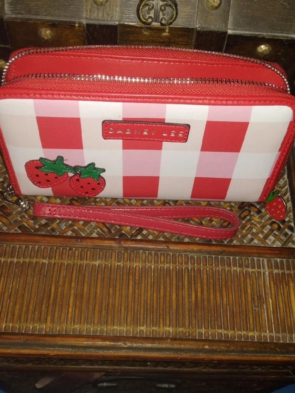 Dabney Lee Pink Gingham Strawberry Wristlet
